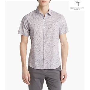 ROBERT BARAKETT HALLECK DOT PRINT S/S STRETCH WOVEN COTTON PURPLE SHIRT. SIZE XL